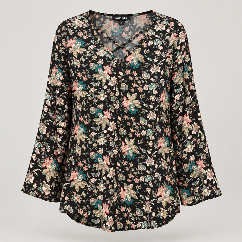 Long Sleeve Black topFloral Blouse XS NWT